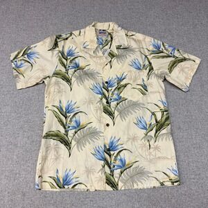 Hawaiian Togs Shirt Mens Medium Cream Blue Floral Bird of Paradise Cotton Aloha